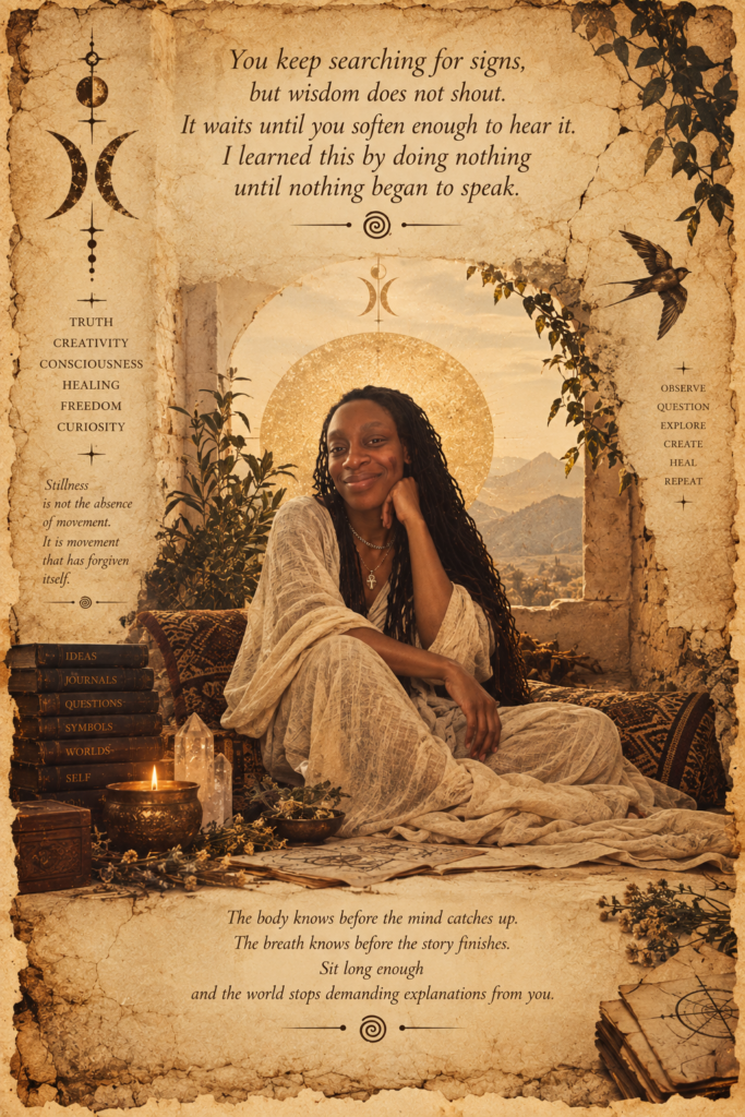 Osose Omore seated in a mystical parchment library scene